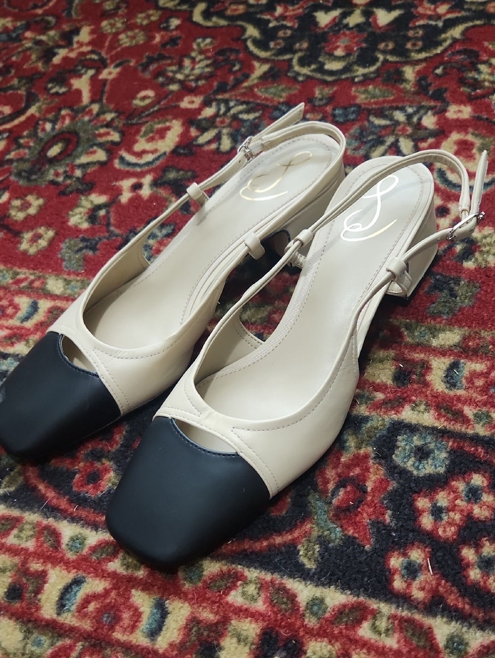Same Edelma. Beige and Black Slingback Square-Toe Block Heels